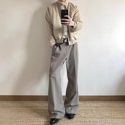 Trendy A-Line Three-Dimensional Pleated Mid-Line Commuter Versatile Drape Tr Blend Flared Trousers Basic Casual Long Pants