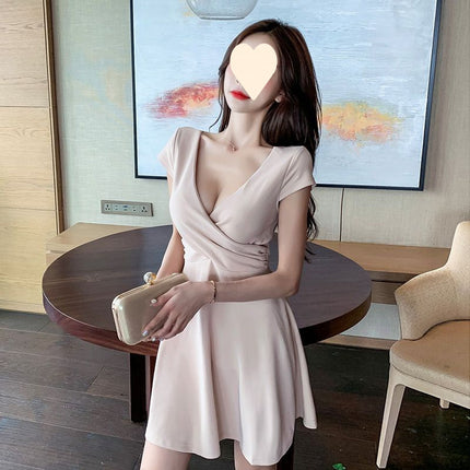 Nightclub Women's Fashion Deep V Low-cut Waist Belly Covering A- line Skirt Elegant Backless Small Skirt Night Sexy dress