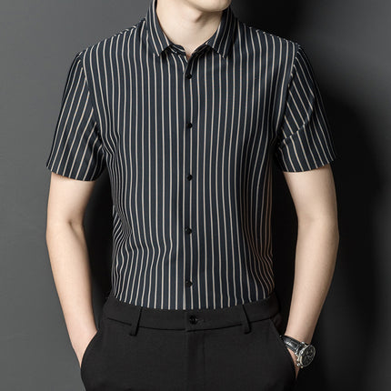 Summer New Vertical Striped Shirt for Men, Short-Sleeved Business Casual High-Elastic Seamless Shirt, Slim Fit Light Business
