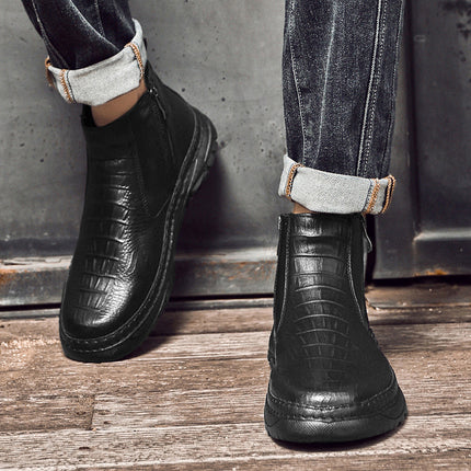 Men's Shoe Top Layer Cowhide Short Boots Business Leather Boots Outdoor Casual Autumn and Winter High Top Zipper Set Foot Crocodile Cotton Boots