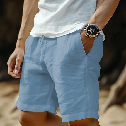 New Cross-Border Cotton and Linen Shorts with Drawstring Elastic Waist, Straight-Leg, Solid Color, Breathable, Everyday Beach Casual Mid-Length Shorts