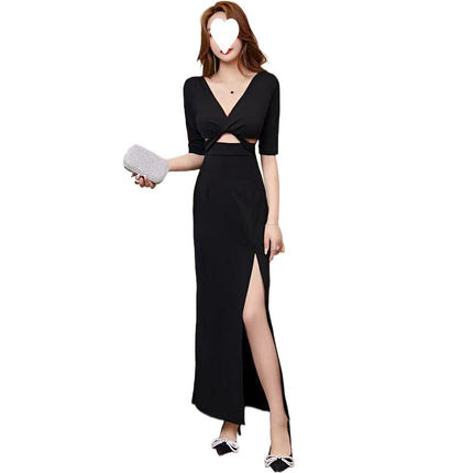 Night Work Clothes Sexy Deep Work Clothes Showing Figure Hollow-out Meat Covering dress Evening Dress Split Long Dress