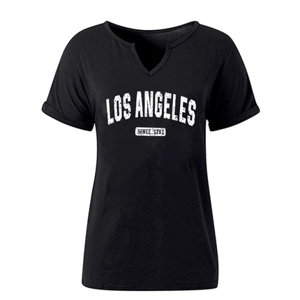 Amazon Spring and Summer New Product V-Neck Rolled Sleeves Los Angeles Letter Positioning Printed Pullover Short Sleeves