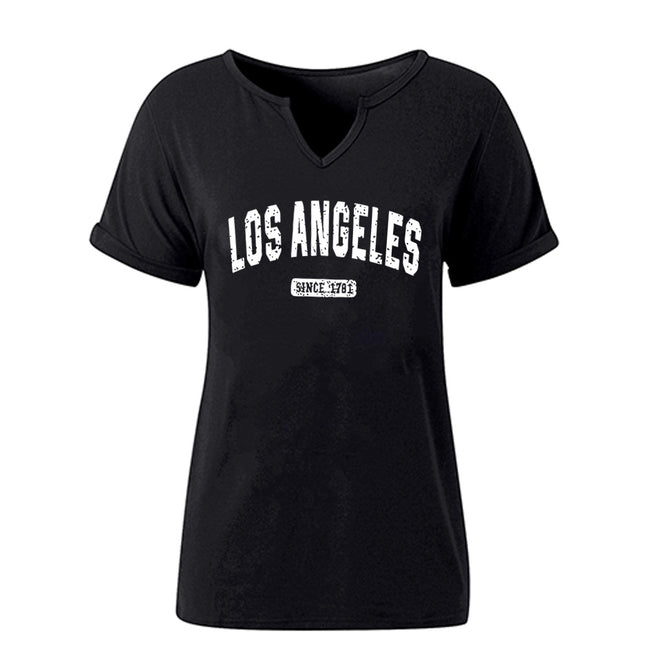 Amazon Spring and Summer New Product V-Neck Rolled Sleeves Los Angeles Letter Positioning Printed Pullover Short Sleeves