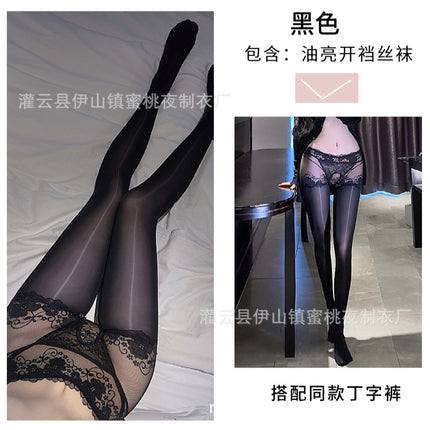 Fun Oil Shiny Silk Stockings Sexy Mesh Transparent Horse Oil Jumper Socks High Waist Hip Lifting Open Gear Free Socks for Hair