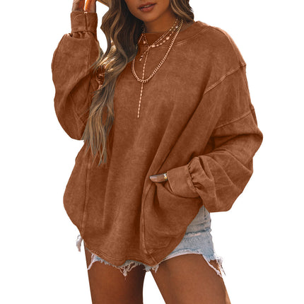 Trendy European and American Style Women's Sweatshirt, Brushed Autumn New Long-Sleeve Simple Ribbed Cuffs Loose Solid Color Women's Top