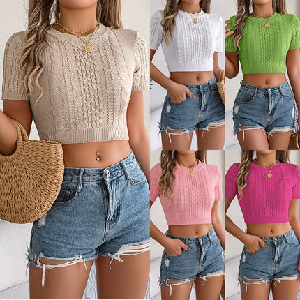 Real Shot of 2026 Spring/Summer Casual Braided Short-Sleeve Knit Top Vacation Crop Top Amazon Cross-Border Women's Clothing