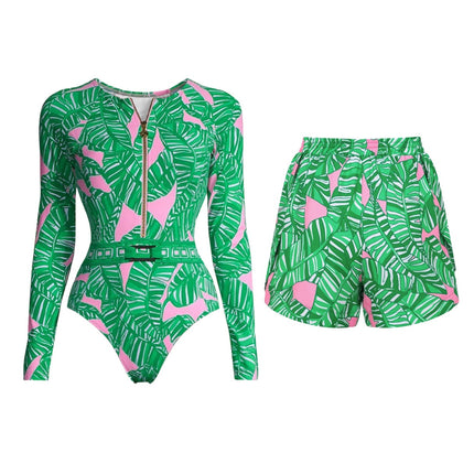 2025 European and American Swimwear New Long-Sleeved Zipper Green Printed Surf Suit Women's Cross-Border Hot Style 25150