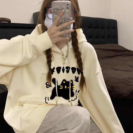 [David's 190g] Korean version of black cat printed sweater students fall/winter loose hooded pullover coat