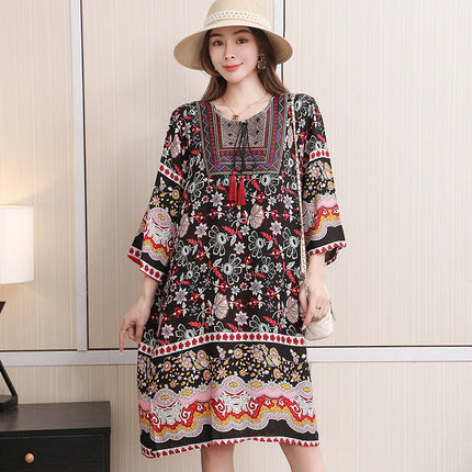 Extra Large Size Ethnic Style Round Neck Three-Quarter Sleeve Dress Loose Embroidered Flower Cotton Silk Travel Beach Skirt for Women