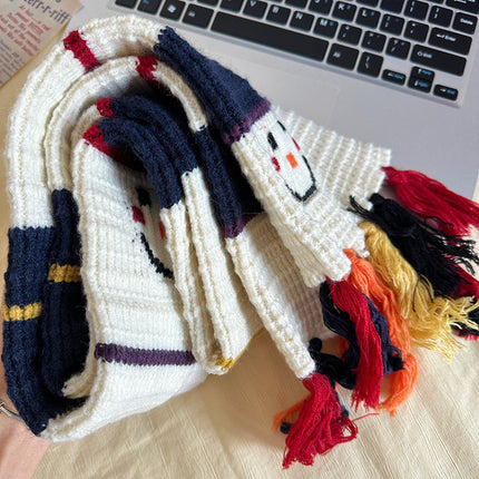 Christmas Gift ~ Smiling Snowman Scarf, Cute and Sweet Preppy Style Autumn and Winter Warm Woolen Scarf with Contrasting Colors and Versatile