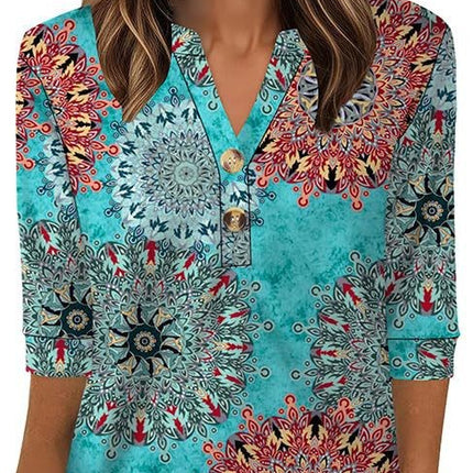 European and American Cross-Border Amazon Women's Plus Size Loose V-Neck Button Three-Quarter Sleeve T-Shirt Women's New Knitted Women's Clothing