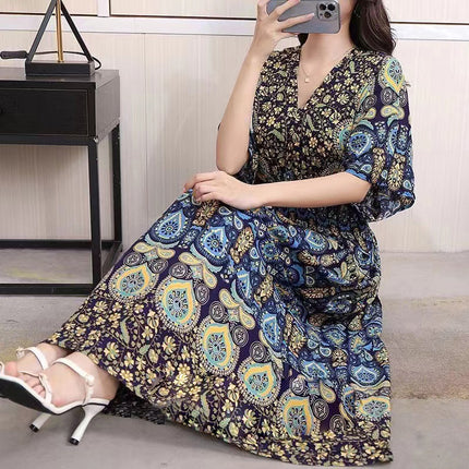 Cross-border ethnic style V-neck cotton silk short-sleeved beach skirt Thailand travel dress summer printed holiday floral skirt