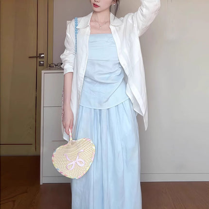 2025 Spring and Summer New Korean suit Shirt Strapless Top Skirt light blue