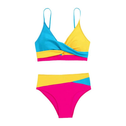 Cross-border Color Split Swimsuit Women's European and American Bikini New Sexy Gather High-end Backless High-waist Bikini