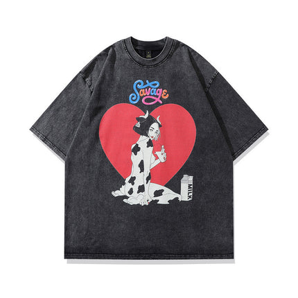 Half-Sleeved T-Shirt Street Style for Men and Women European and American Printed Vibe T-Shirt Spoof Old Design Short-Sleeved High Street