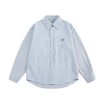 Casual Fashion Striped Shirt Unisex Embroidered Smiley Face Loose Long-Sleeve Jacket Top Shirt