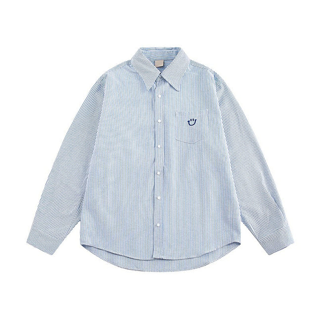 Casual Fashion Striped Shirt Unisex Embroidered Smiley Face Loose Long-Sleeve Jacket Top Shirt