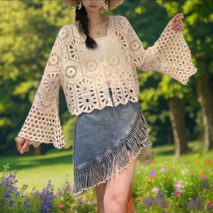 Seaside Vacation Cardigan, Beach Cover-up, Sweet Hottie Outfit, Crocheted Cut Out Sun Protection, Thin Lace Cardigan for Women