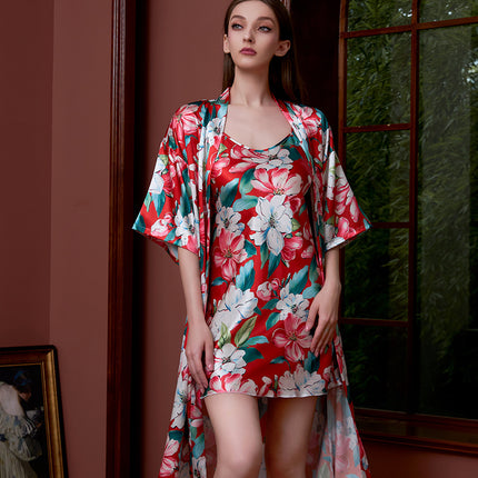 Cross-border printed nightgown suit women summer sexy ice silk middle sleeve plus size bathrobe silk bridal morning gown manufacturers wholesale