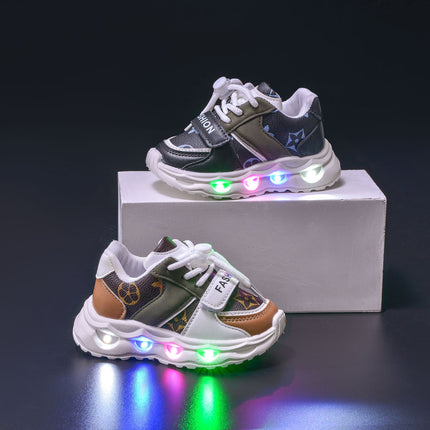 Spring and Autumn New Children's sneaker Leather Pattern LED Luminous Children's Shoes Children's 1-6 Years Old Men's and Women's Casual Shoes Trendy