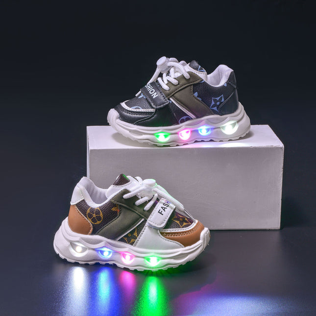 Spring and Autumn New Children's sneaker Leather Pattern LED Luminous Children's Shoes Children's 1-6 Years Old Men's and Women's Casual Shoes Trendy