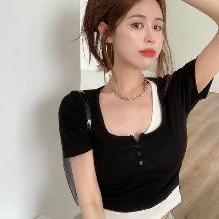 92% Rayon 8% Spandex Summer New Style Spicy Girl Fake Two-Piece Short-Sleeve T-Shirt for Women, Niche Slim Fit Bm Short Crop Top