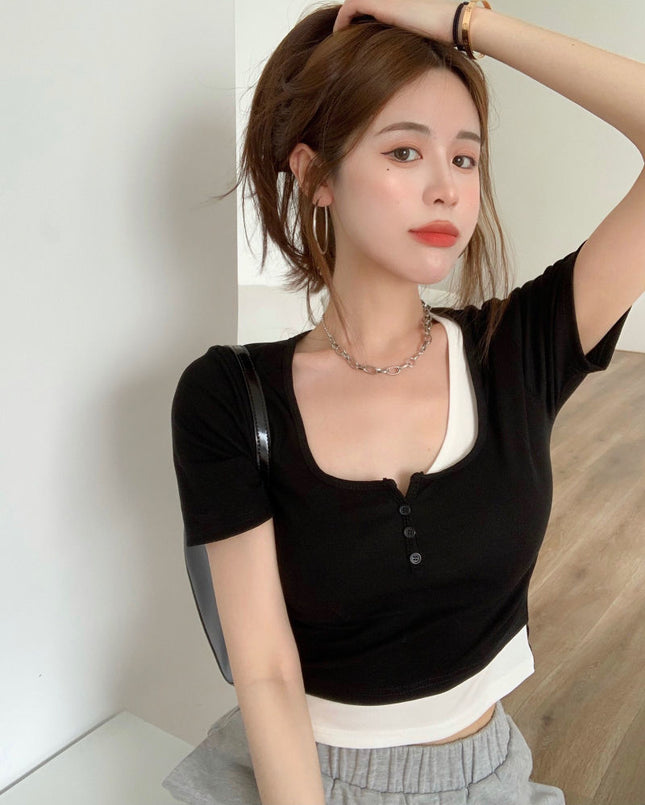 92% Rayon 8% Spandex Summer New Style Spicy Girl Fake Two-Piece Short-Sleeve T-Shirt for Women, Niche Slim Fit Bm Short Crop Top