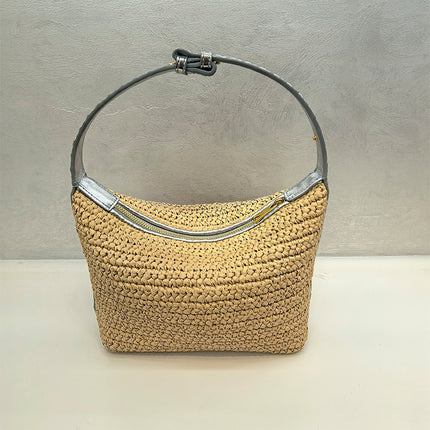 2025 Raffia Fiber Handmade Crochet Shoulder Lunch Box Bag Woven Tote Underarm Bag for Women Versatile Zipper