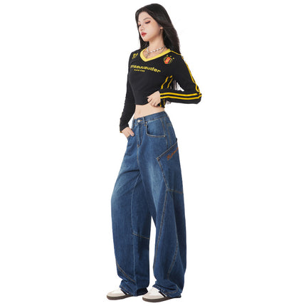 Bumi House# American Retro Design Sense Big Pocket Machete Jeans Women's Spring New Stitching Wide Leg Pants