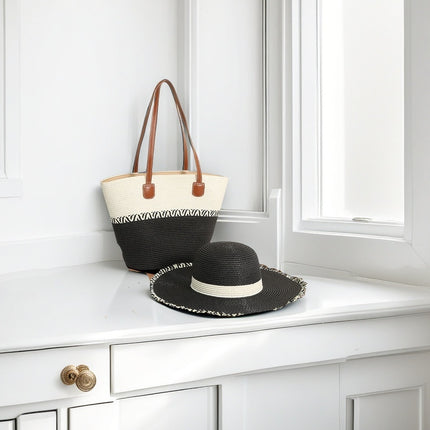 Cross-Border Straw Hat Straw Bag Two-Piece Set Sun Hat Large Capacity Striped Tote Bag Shoulder Bag Beach Bag Factory Store