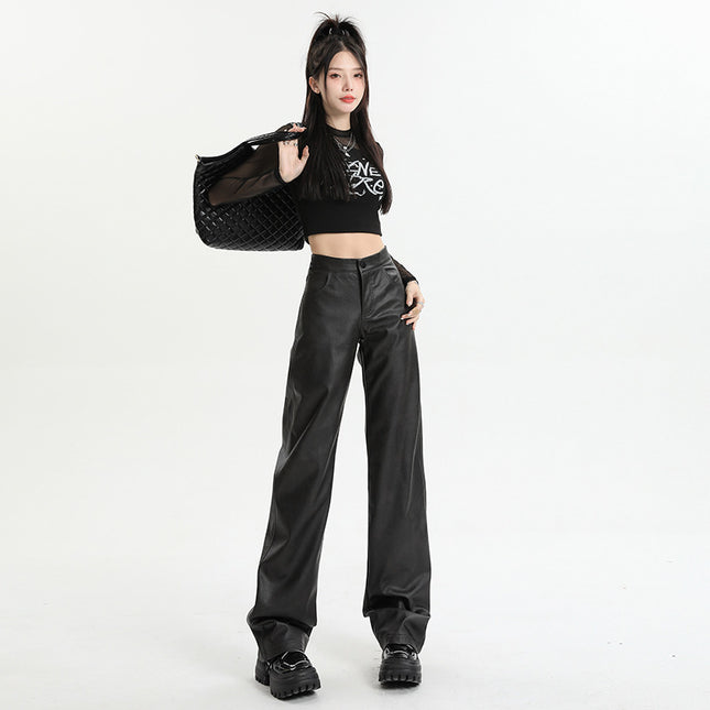 Black Leather Pants for Women, 2025 Spring and Autumn New Style, Straight-Leg, Loose, High-Waisted, Slimming, Narrow Wide-Leg Pu Leather Pants