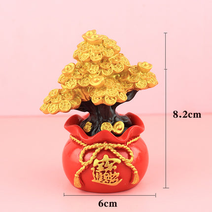 New Chinese-Style Festive Fortune Tree Resin Ornament for Office Desk, with Ingot and Lucky Bag, New Year Gift, Treasure Bowl