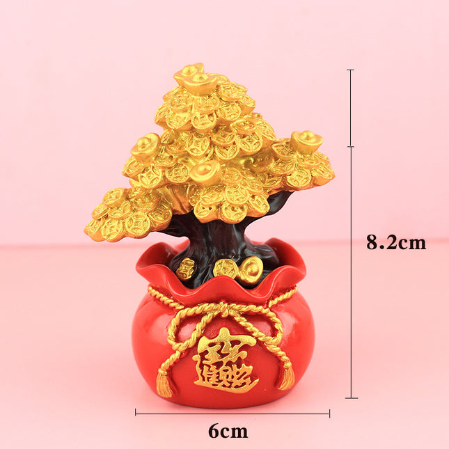 New Chinese-Style Festive Fortune Tree Resin Ornament for Office Desk, with Ingot and Lucky Bag, New Year Gift, Treasure Bowl