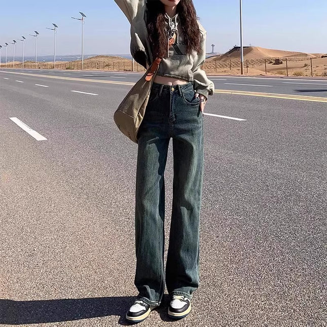 plus size Cement Grey Straight Leg Jeans Women's Fashionable All-match New High Waist Slimming Narrow Style Wide Leg Pants
