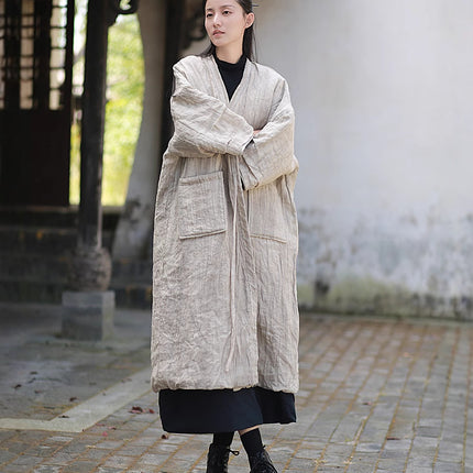 Cotton and Linen Women's Clothing, Retro Ramie Tie-Dyed Cotton Coat, Cool Zen Style, Versatile Warm Lace-Up Cotton Robe