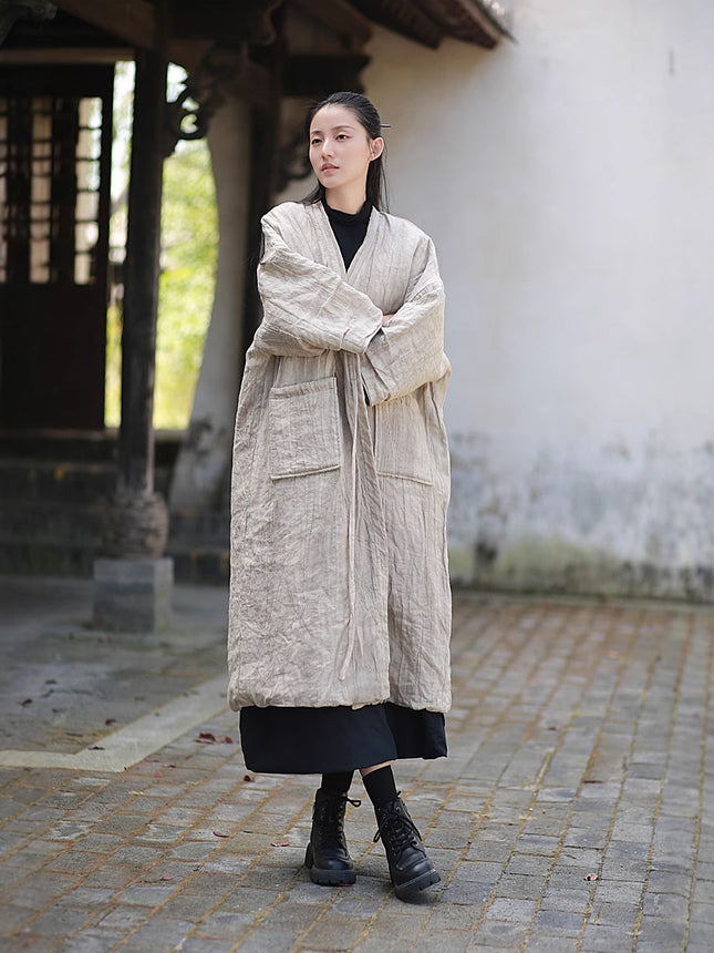 Cotton and Linen Women's Clothing, Retro Ramie Tie-Dyed Cotton Coat, Cool Zen Style, Versatile Warm Lace-Up Cotton Robe