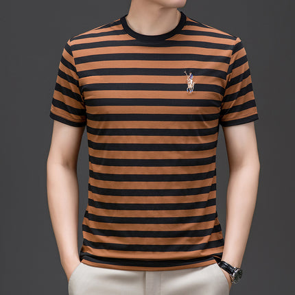 Mingdi Mouse Men's Summer New Short-sleeved Young and Middle-aged Crewneck T-shirt Business All-match Striped Men's T-shirt Top