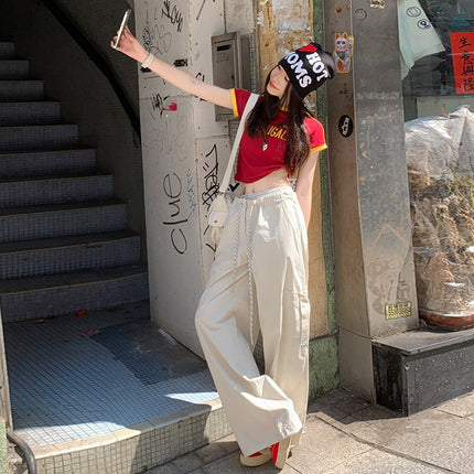 Korean Style Casual Style 2025 Spring and Summer New Plaid Stitching Double Waist Drawstring Pocket Loose Wide Leg Casual Pants for Women