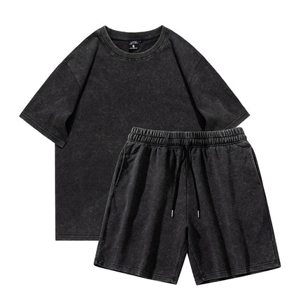 Summer Two-piece Men's Loose Pure Cotton Washable Old Shorts Straight Black Shorts Short-sleeved Shorts