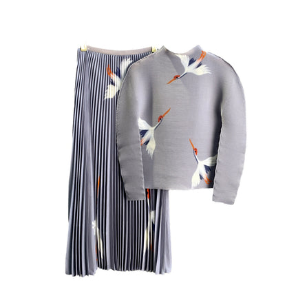 Fashionable casual pleated suit high-grade crane printed high waist skirt long sleeve top two-piece suit women's all-match