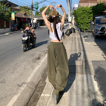 American Olive Green Scimitar Wide-Leg Jeans for Women 2025 Spring and Summer New High-Waisted Loose Slimming Look Straight Banana Pants