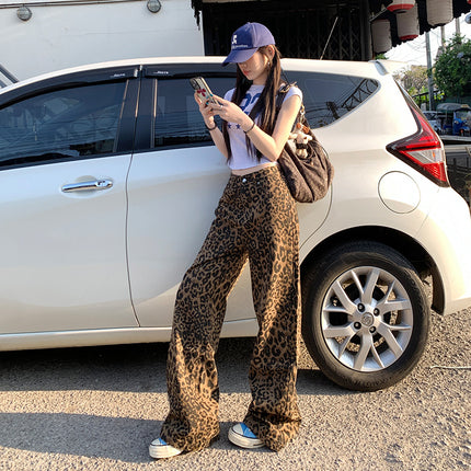 【25Ss】Relaxing Moment｜Lazy Vacation｜Straight Street Japanese Style Brown Leopard Print Wide Leg Jeans