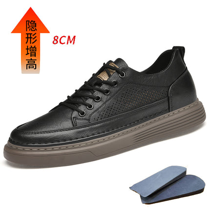 Summer Hollow Invisible Height-increasing 8CM Board Shoes Cowhide Surface Breathable Youth Shoes Lace-up Platform Outdoor Sports Men's Shoes