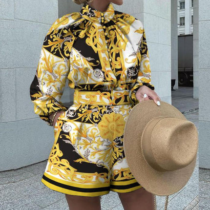 Fd437 Spot 2023 European and American Autumn and Winter Women's Clothing Shopify Printed Long Sleeve Top Shorts Set Two-Piece Set