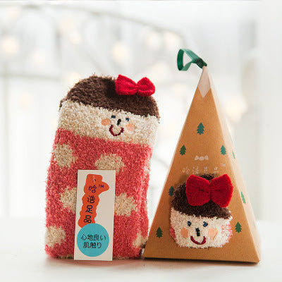 Coral Fleece Japanese-Style Christmas Socks with Embroidered 3D Cartoon Design, Boxed Floor Socks, Half Fleece Socks for Women