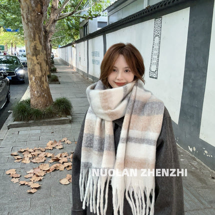 Factory new solid color haze blue scarf women's winter fluffy hair thickened students white students warm scarf