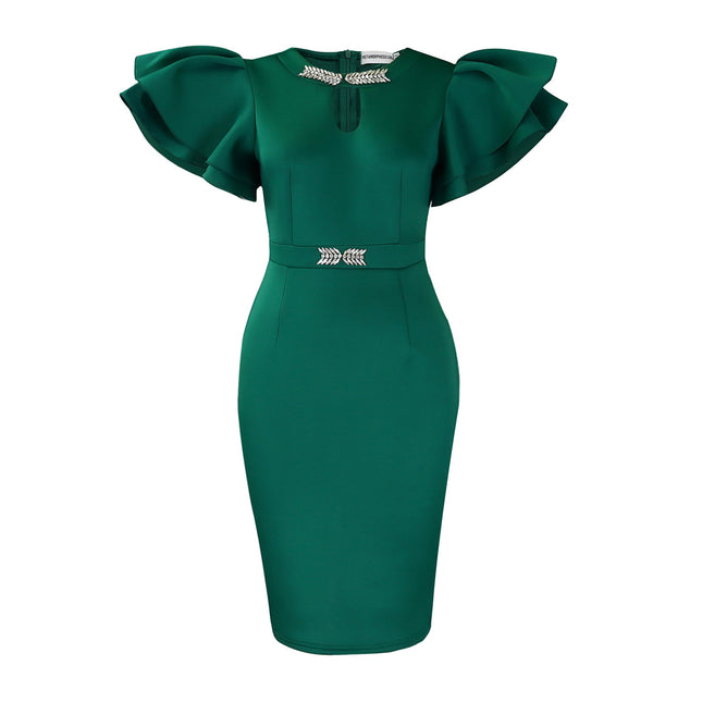 D580 European and American Cross-border Summer Round Neck Lotus Leaf Sleeve Nail Drill Hip dress Party Banquet Hollow Foreign Trade Dress