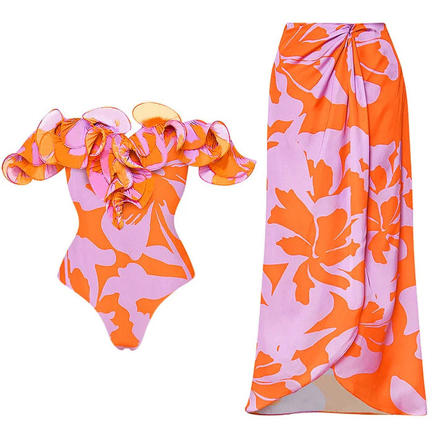2024 European and American New Style Swimwear, Bandeau Ruffled Printed One-Piece Swimsuit Set for Women, Body Shaping, High Elasticity, European and American Fashion