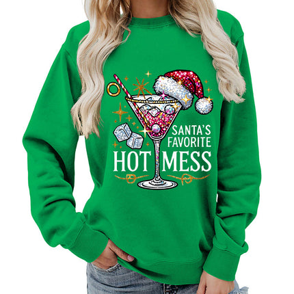 Amazon source hot mess wine glass printed round neck jacket sweater European size European and American women's coat long sleeve Asia
